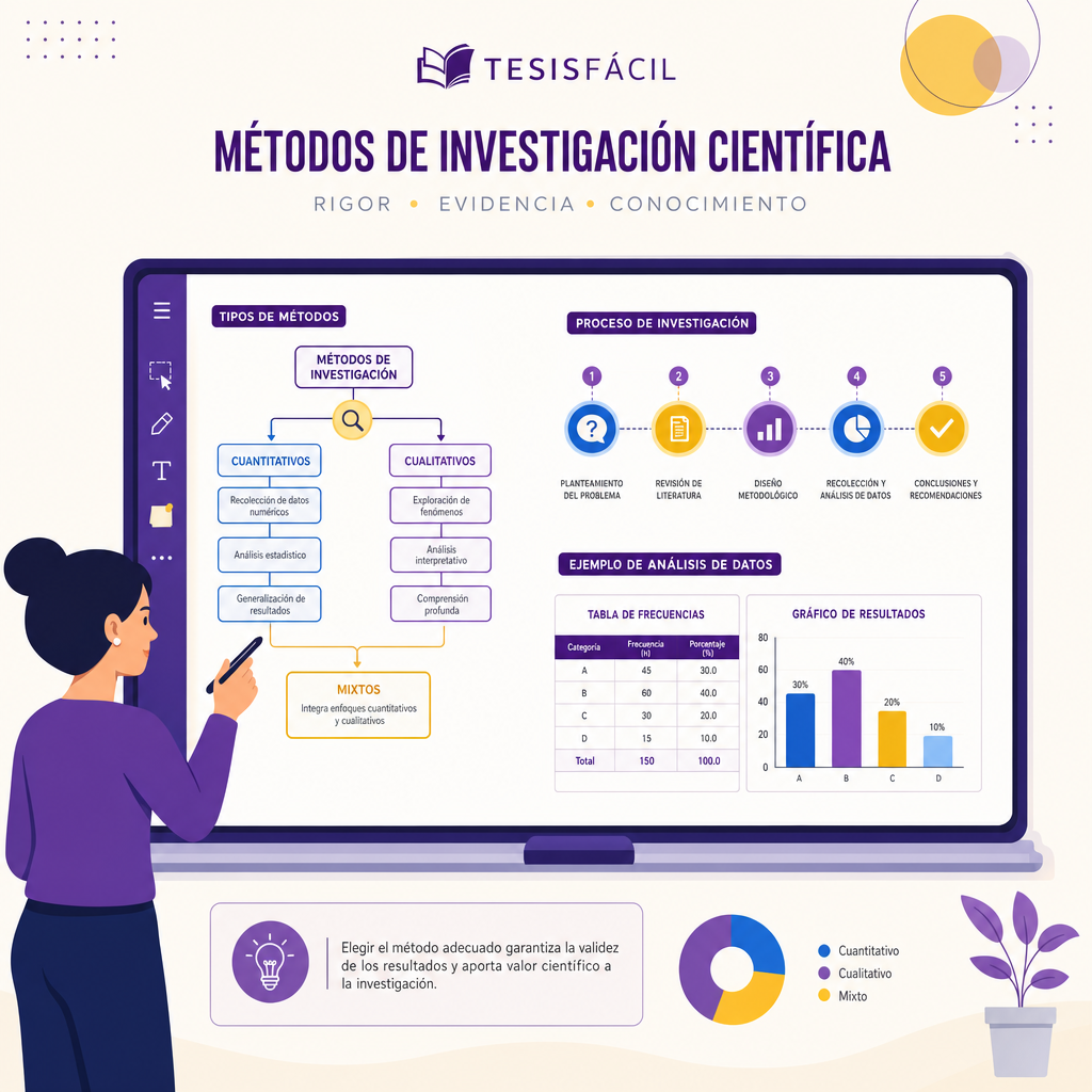 Representación gráfica moderna y profesional de los métodos de investigación científica en un entorno académico con esquemas y diagramas coloridos.