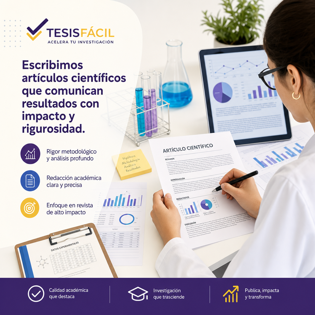 Persona redactando un artículo científico en un escritorio ordenado con gráficos y hojas científicas, reflejando el proceso de escritura científica estructurada