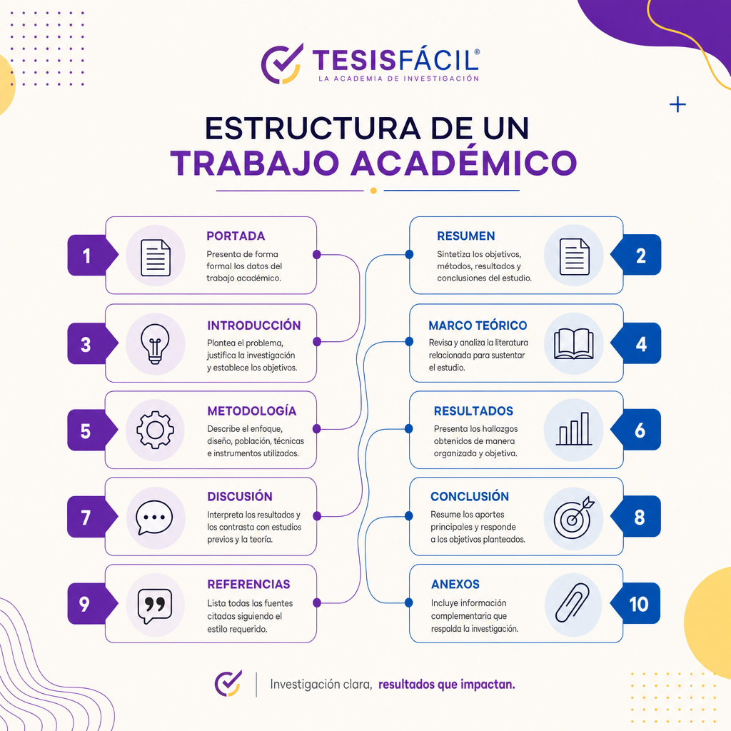 Esquema organizado y profesional de la estructura de un trabajo académico con secciones claras y ordenadas