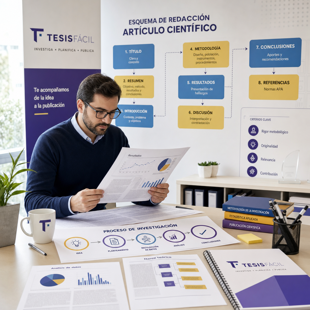 Investigador revisando documentos y estructura de un artículo científico para tesis doctoral con gráficos y notas en escritorio moderno