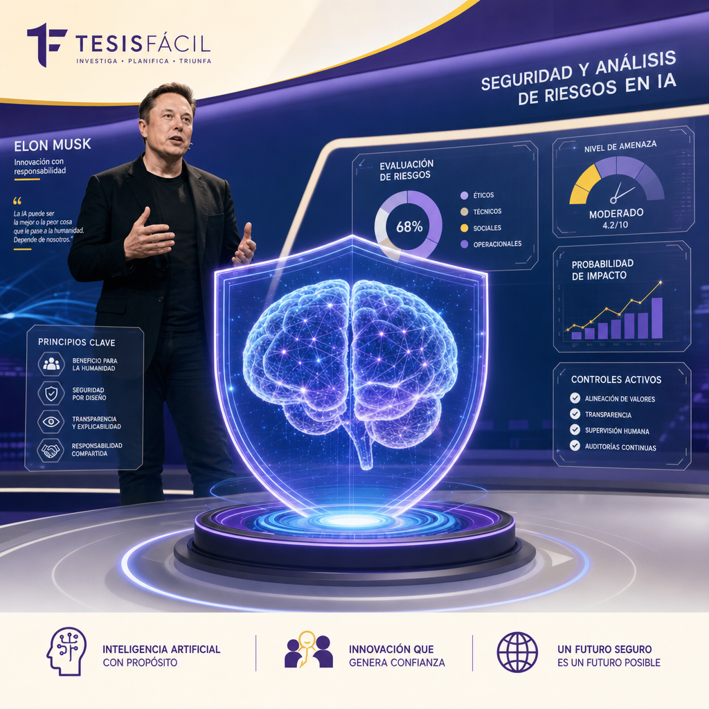 Representación visual de la seguridad en inteligencia artificial con interacciones tecnológicas y símbolos de protección, destacando la perspectiva de Elon Musk.