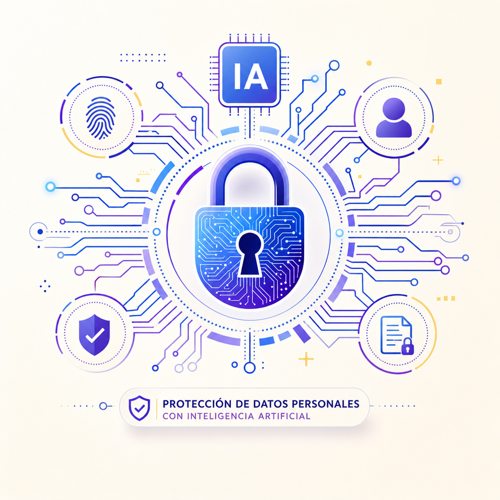 Representación gráfica de inteligencia artificial protegiendo datos personales en un entorno digital seguro.