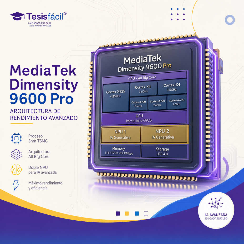 Vista detallada del chip MediaTek Dimensity 9600 Pro destacando su arquitectura avanzada y componentes innovadores