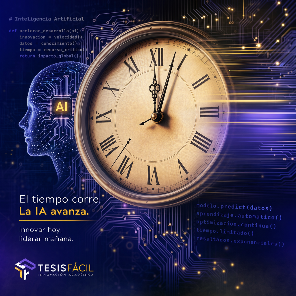 Representación visual de la crisis del tiempo en la evolución rápida de la inteligencia artificial, con relojes superpuestos a circuitos tecnológicos avanzados.