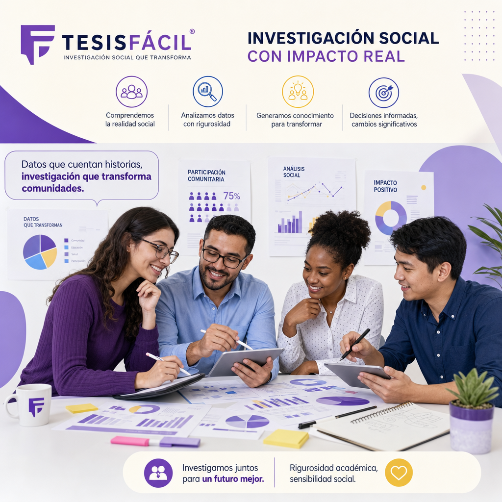 Ilustración de investigadores sociales trabajando con gráficos, notas y dispositivos digitales representando la investigación social y su metodología.