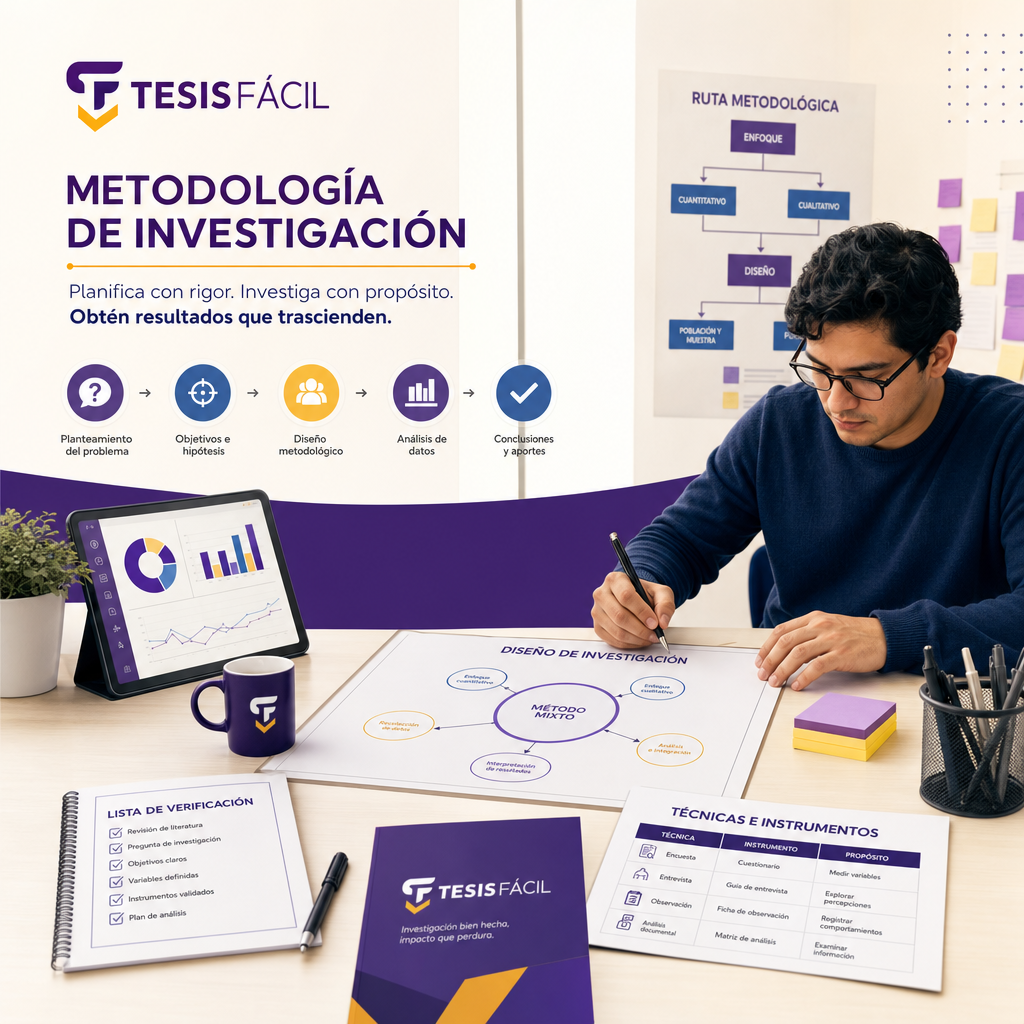 Representación gráfica de un investigador diseñando la metodología de investigación con esquemas y herramientas en un ambiente moderno y profesional, resaltando la importancia de la metodología de la investigación.
