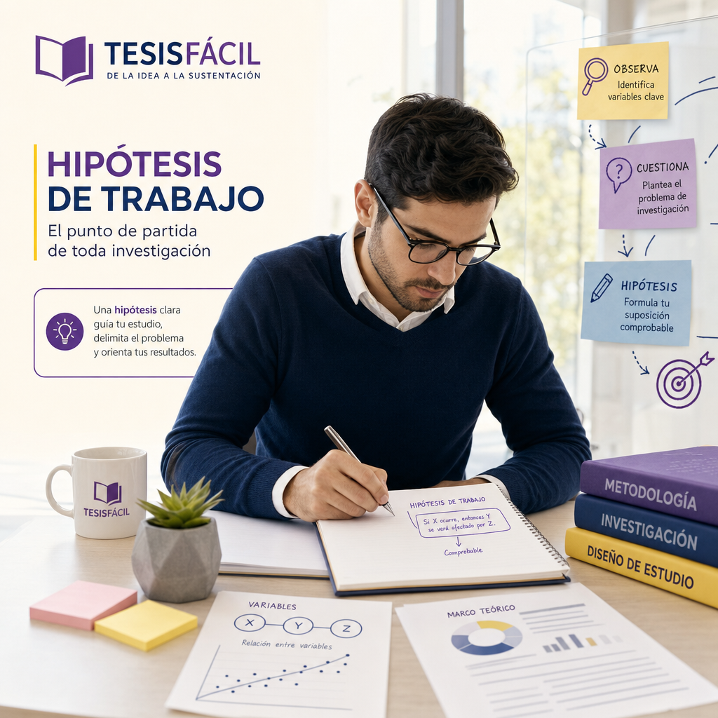 Investigador reflexionando sobre la formulación de una hipótesis de trabajo en un escritorio moderno con libros y gráficos, representando el proceso de investigación riguroso.