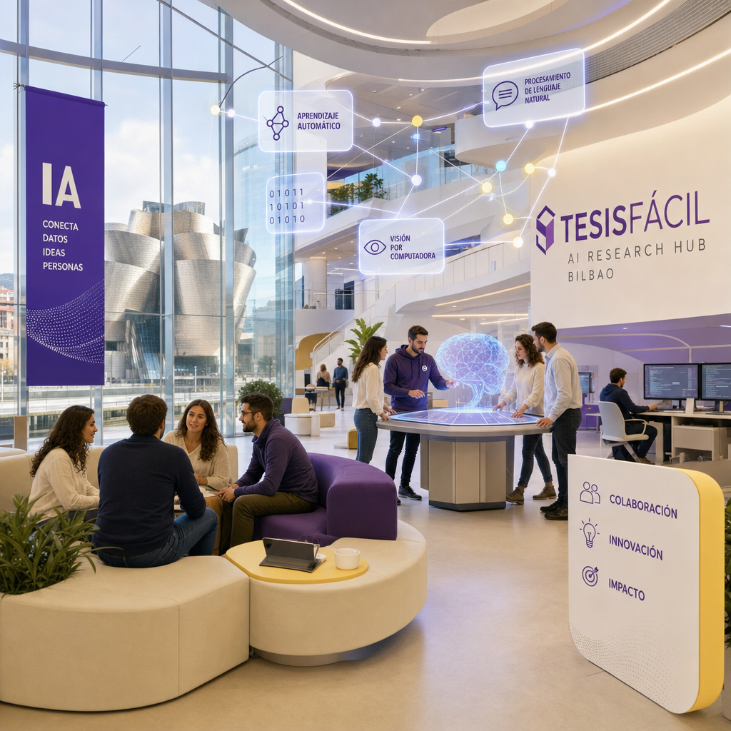 Representación gráfica del hub de inteligencia artificial en Bilbao, mostrando un edificio moderno con conexiones digitales y equipos de trabajo colaborando en proyectos tecnológicos