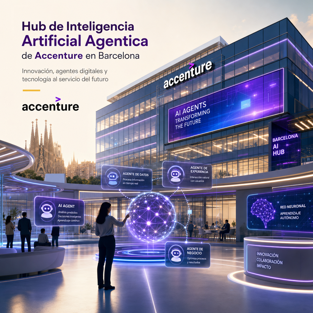 Representación gráfica del hub de inteligencia artificial agentica de Accenture en Barcelona con conexiones digitales y símbolos tecnológicos modernos