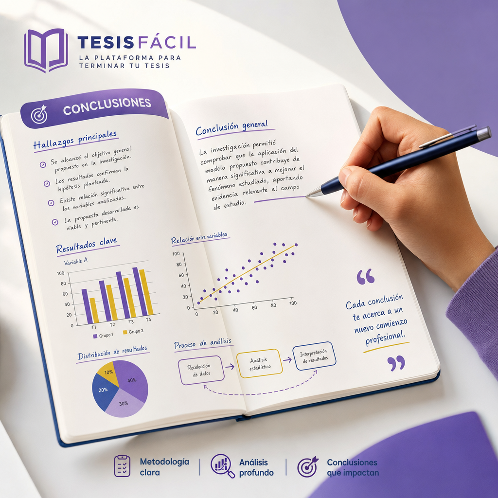 Mano escribiendo en un cuaderno de notas con gráficos y textos sobre conclusiones en la tesis, destacando análisis y síntesis