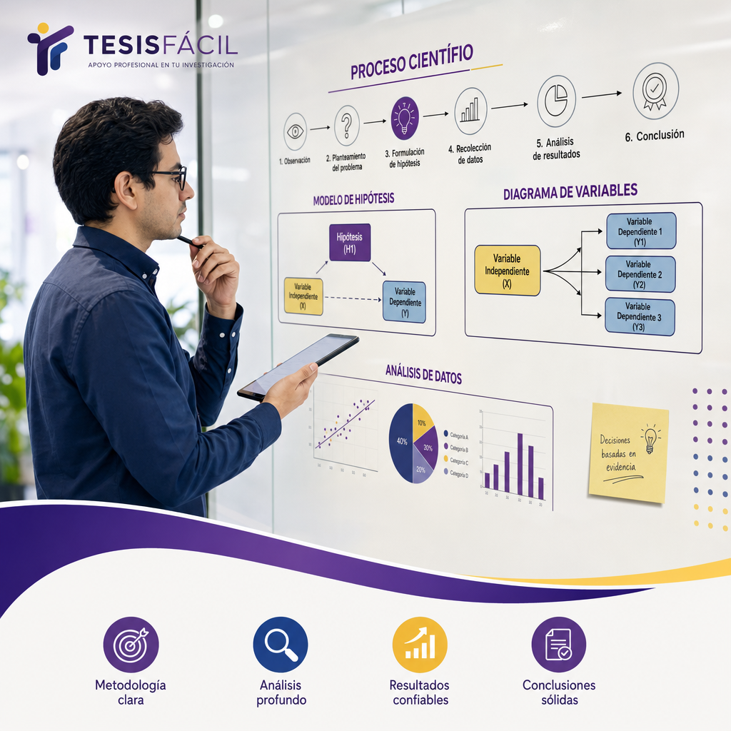Ilustración profesional que muestra el proceso de elaboración de una hipótesis de investigación con gráficos y diagramas explicativos.