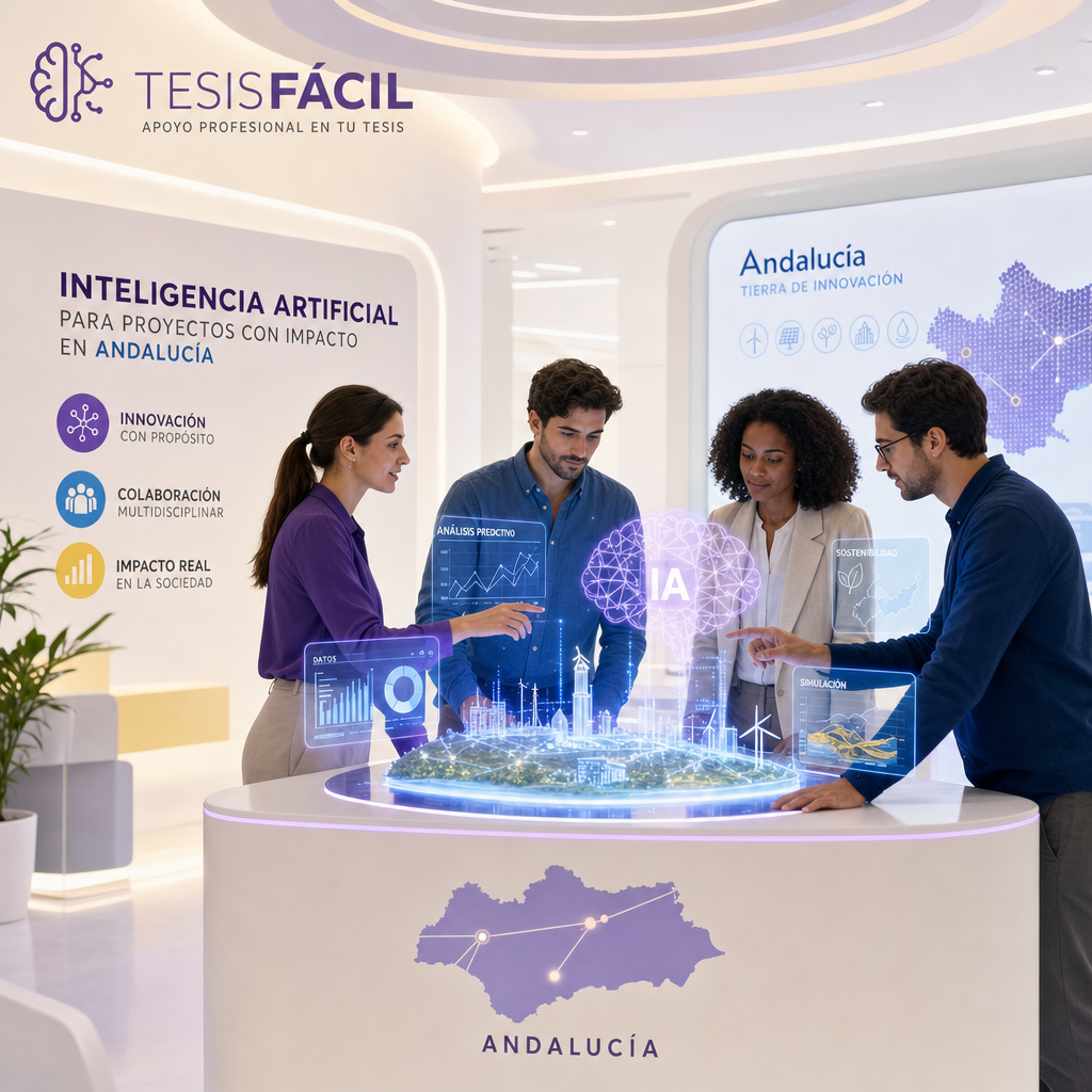 Representación visual de innovación tecnológica en inteligencia artificial aplicada en Andalucía, mostrando colaboración entre expertos y desarrollo de proyectos.