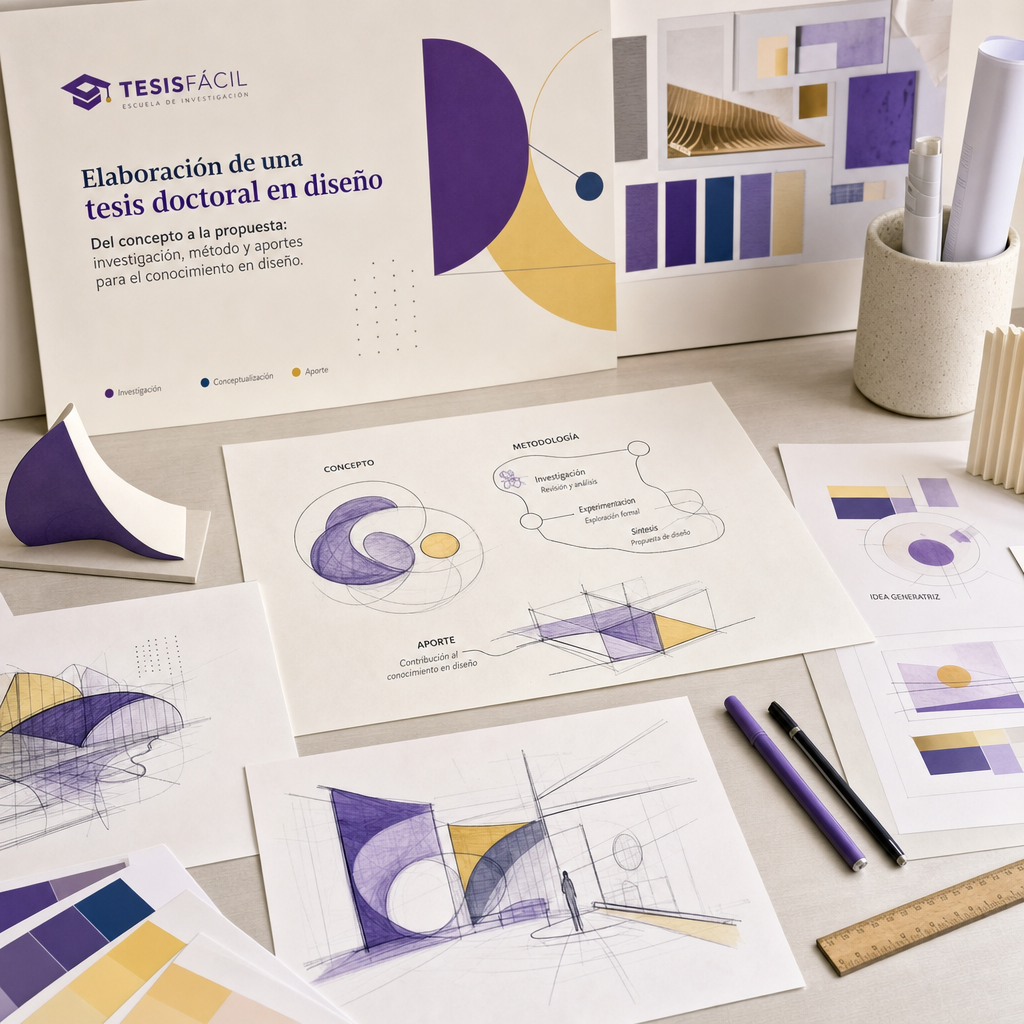 Ilustración profesional de proceso de elaboración de tesis doctoral en diseño con elementos gráficos y creativos