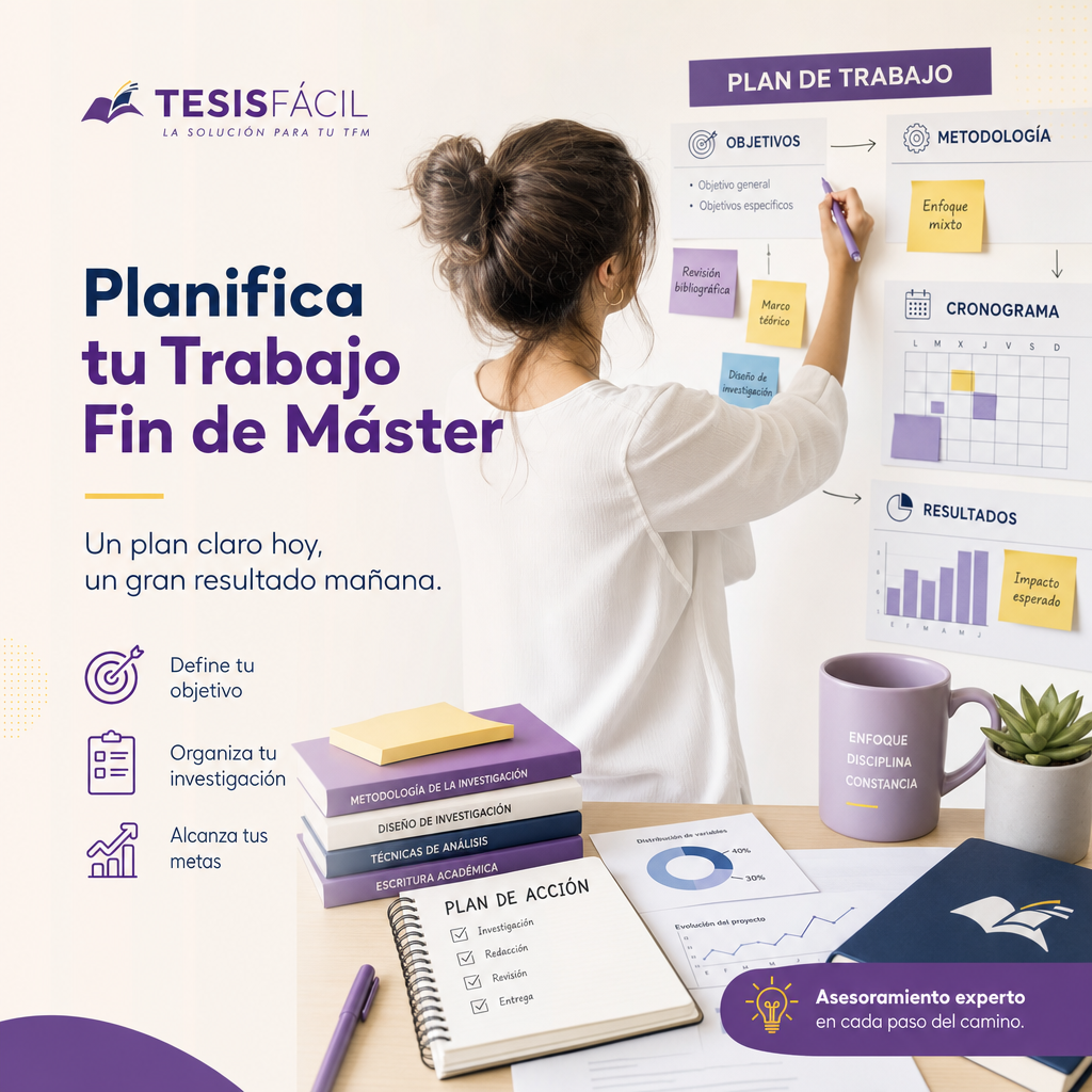 Persona escribiendo y organizando ideas para un Trabajo Fin de Máster con libros y laptop en un ambiente profesional
