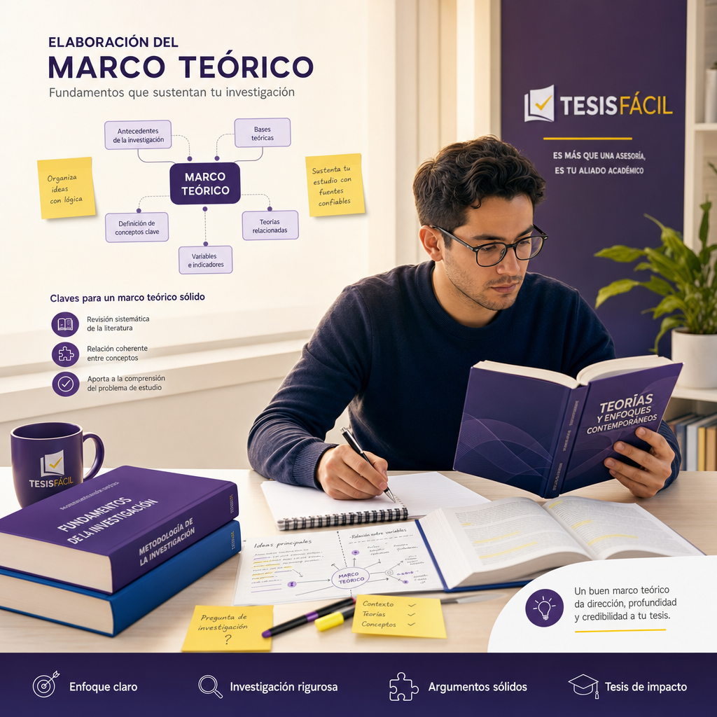 Ilustración profesional de un investigador elaborando un marco teórico con libros y documentos en un ambiente ordenado y moderno, representando la estructura y análisis bibliográfico para una tesis.